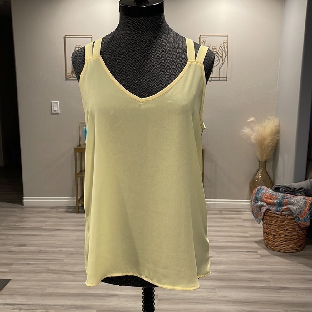 Pink Rose Sheer Yellow Criss Cross Straps Tank Camisole Size Large